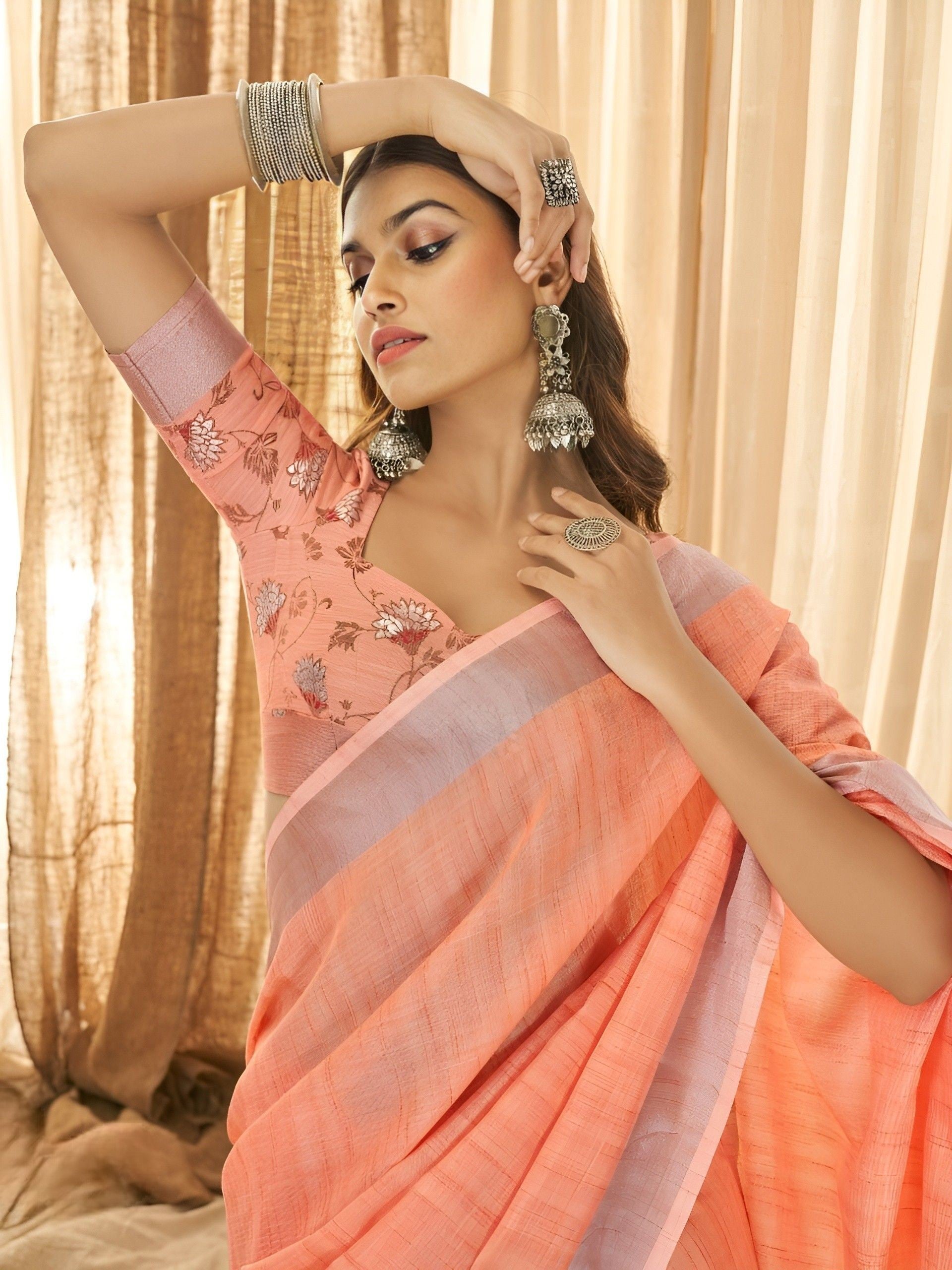 Peach Colour Silk Saree with Contrast Blouse | Designer Saree with Price